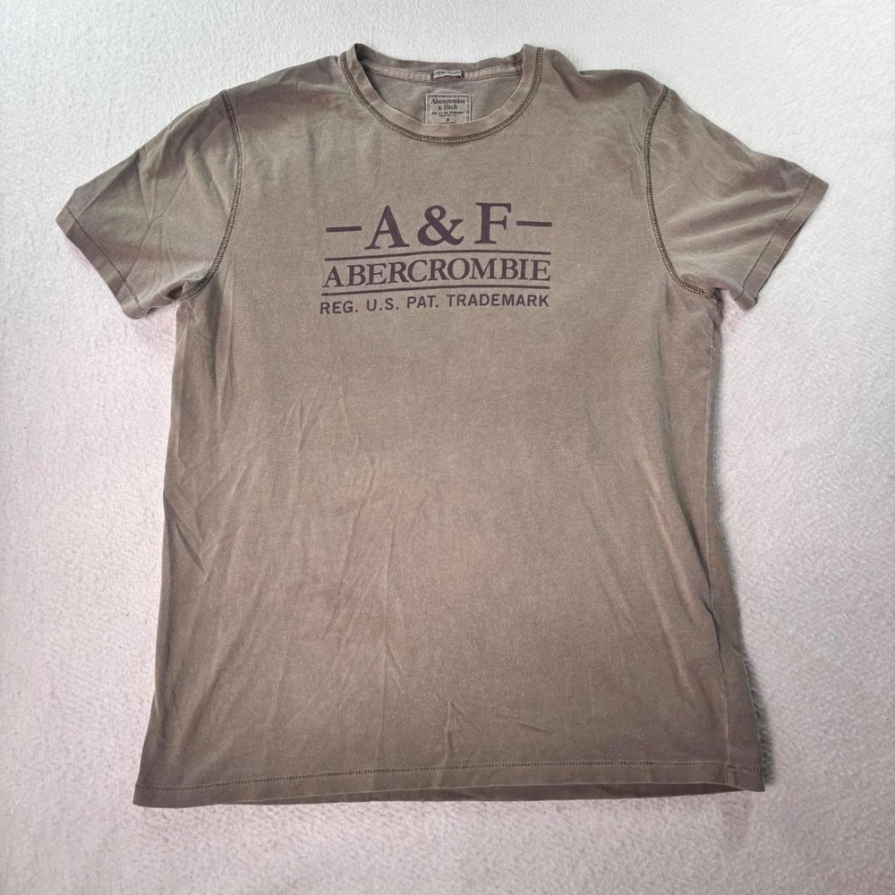 Vintage Y2K Abercrombie & Fitch Logo T Shirt Men's M Beige Green Graphic Tee - Picture 1 of 7